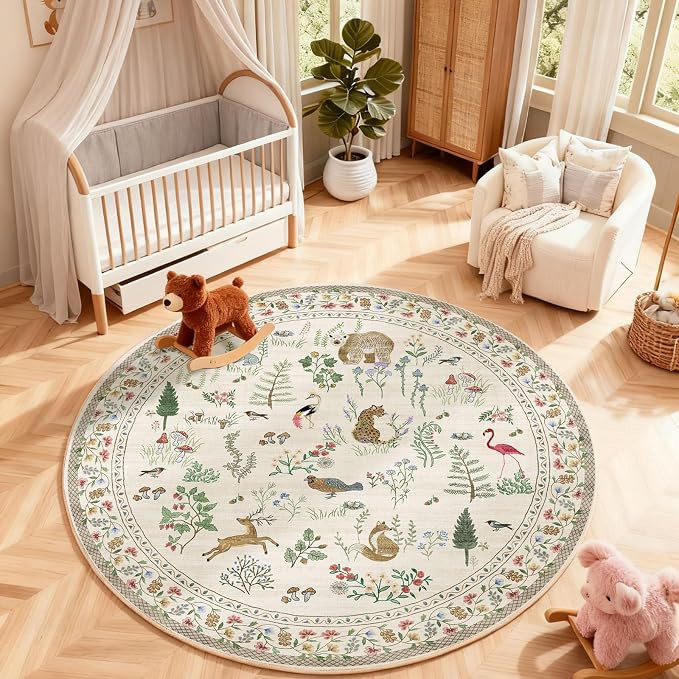 Washable Round Rugs for Bedroom 4ft: Living Room Rug Stain Resistant Non Slip Low Pile Ultra Soft Faux Wool Small Circle Rugs for Entryway Kitchen Nursery Bathroom Entrance Dorm Home Office Indoor