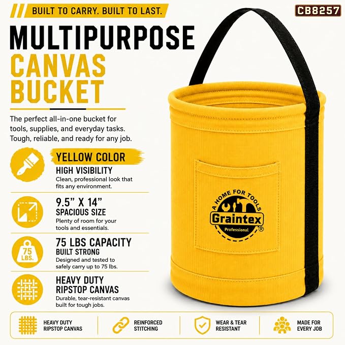 Graintex Canvas Utility Bucket 9.5"x14", Round Tool Bucket, Reinforced Base & Carry Handle, Ripstop Canvas, Ideal Multi-Purpose Bag for Jobsite, Gardening, Home Use, Tool Storage - Yellow