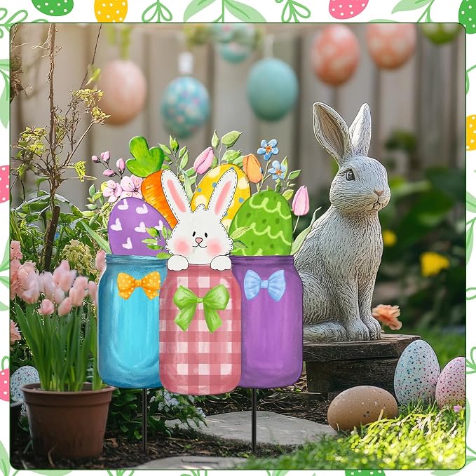 MorningRo Easter Yard Decor Outdoor, 26" Cute Bunny Metal Decorations, Easter Metal Yard Stakes Sign Bunny Mason Jar Garden Stake for Outdoor Spring Holiday Pathway Home Lawn Garden Sign Decor