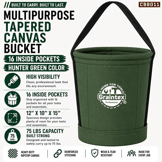 Graintex Tapered Canvas Bucket 12"x10"x15", Utility Tool Bucket 16 Inside Pockets, Reinforced Base & Carry Handle, Ripstop Canvas, Multi-Purpose Bag for Jobsite & Home Use for Tool Storage Solutions
