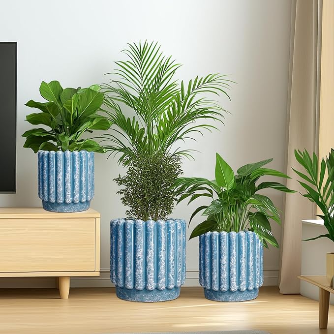 Ceramicfor Ceramic Planter, 9.6 Inch, Blue | Drainage Hole, Fluted Decorative Round, Indoor & Outdoor Plants, Front Door Decor, Housewarming Gifts