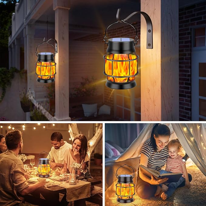 TomCare Solar Lanterns Flickering Flame Solar Lights Outdoor Waterproof Metal Hanging Lantern Lighting Solar Powered Lanterns for Decorative Outdoor Patio Porch Garden Lawn,2 Pack