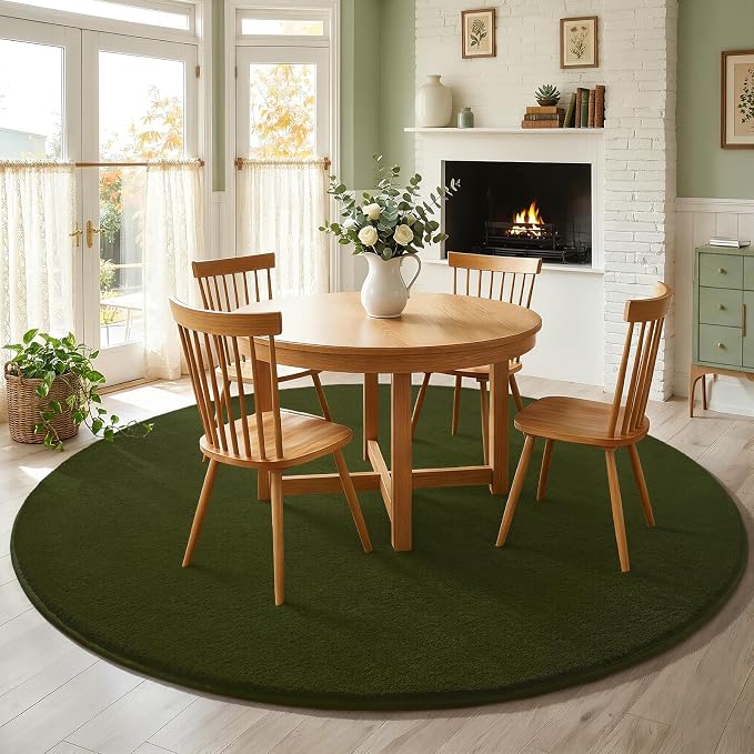 Amearea Olive Green Round Area Rugs 4ft Circle Rugs for Bedroom Living Room | Washable Fluffy Indoor Thickened Memory Foam Rug, Non Slip Minimalist Circular Carpet for Kids Boy Girl Dorm Nursery Room