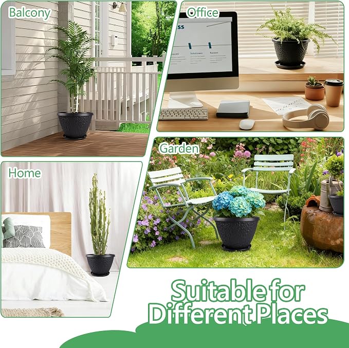 Nooulap 4 Pack 12 inch Plant Pots for Outdoor Indoor, Flower Pots with Drainage Holes & Saucer, Large Outdoor Planters for Garden Porch Balcony (Black)