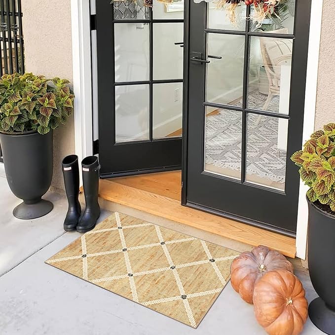 Indoor Front Door Mat, 2x3 Neutral Cottage Geometric Front Door Rug | Non-Slip Washable Doormat Indoor Outside Entrance Woven-Look Farmhouse Small Throw Rugs for Entryway Kitchen Laundry Room