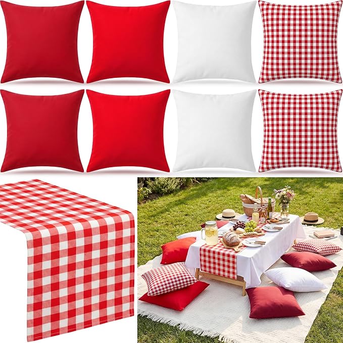 Yuntau Large Outdoor Boho Picnic Blanket with Table Runner 8 Pink White Red Pillows Covers No Pillow Summer Picnic Decor for Camp Birthday Party Bridal Shower Outdoor Backyard Garden(Red)