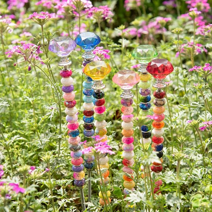 Prefdo 236 PCS Decorative Garden Stakes DIY Fairy Wand Beaded Kit | Diamond Stopper Tops, 12 In Threaded Rod, 200 Colorful Beads, Indoor Outdoor Plant Flower Pot Décor
