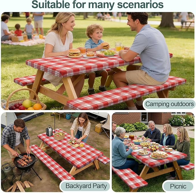 Play Tailor Picnic Table Cover with Bench Covers Camping Essentials Waterproof Windproof Camping Tablecloth with Drawstring Bag, Fitted Rectangle Tables and Seats, 96in, Red Checkered