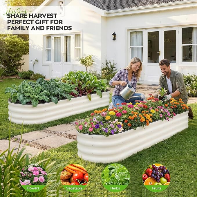 Galvanized Raised Garden Bed 2 Pack, 8x2x1ft Oval Metal Planter Box Outdoor with Support Rods & Corner Protection, Planter Beds for Vegetables, Fruits, Flowers (White)