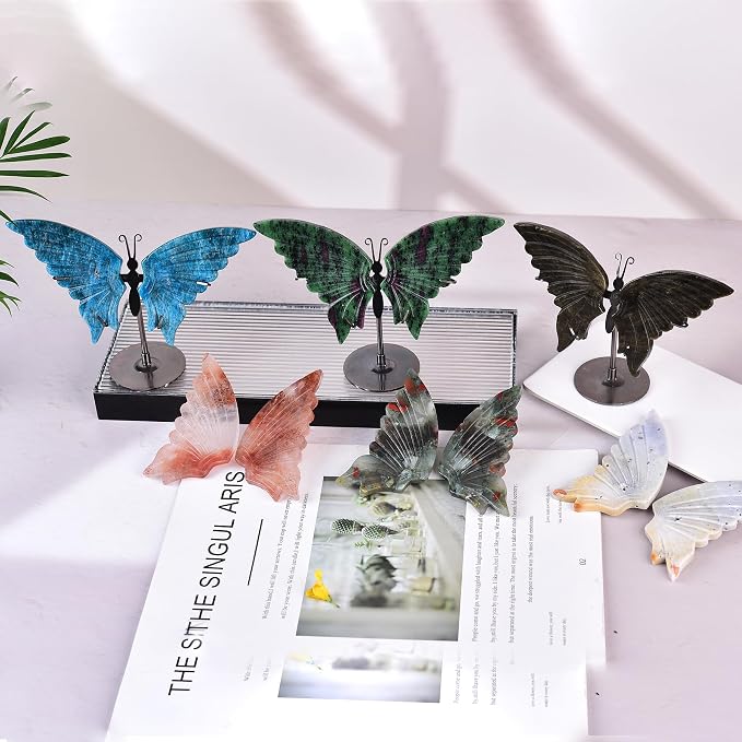 JIC Gem Natural African Bloodstone Raw Crystals Butterfly Figurine Decorative Rocks Stones Healing Crystal Carved Angel Wings with Display Decor Reiki Gifts (1pair, 10cm)