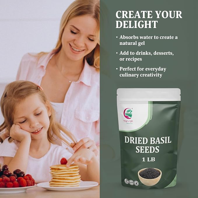 Dried Basil Seeds 1LB – Sabja/Tukmaria Basil Seeds For Eating – Sweet Basil Seed for Drinks, Desserts & Daily Use – By Yogi’s Gift®