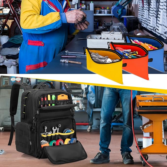 Rexmica Tool Bag Backpack for Men with 3 Tool Pouches, Heavy-Duty Tool Storage Organizer Bag with Padded Shoulder & Waist Support, Tactical Work Tool Bag for Electrician, Repairman, HVAC Techs, Black