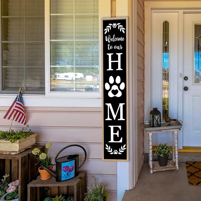 Standing Front Porch for Welcome To Our Home Sign 45"X9" Tall Vertical Leaner Paw Print Outdoor Front Door Wood Framed Decor (Wood Black)