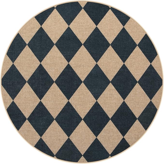Lahome Colette Checkered Round Entryway Rug 4ft, Circle Indoor Outdoor Patio Rug Washable Farmhouse Easy Jute Kitchen Rugs, Contemporary Non Slip Round Carpet for Bedroom Front Porch
