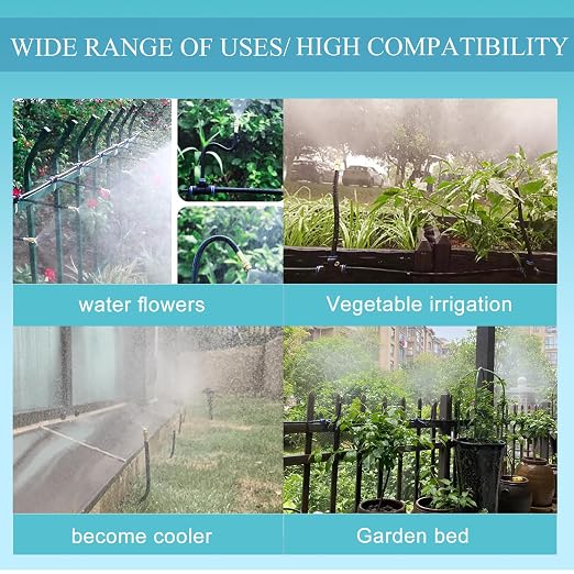 65Ft 1/2'' Greenhouse Drip Irrigation Kit Automatic Irrigation System 360° Adjustable 20 Brass Spray Nozzles Irrigation Tubing Hose Patio Misting Plant Watering with Blank Distribution Tubing Hose