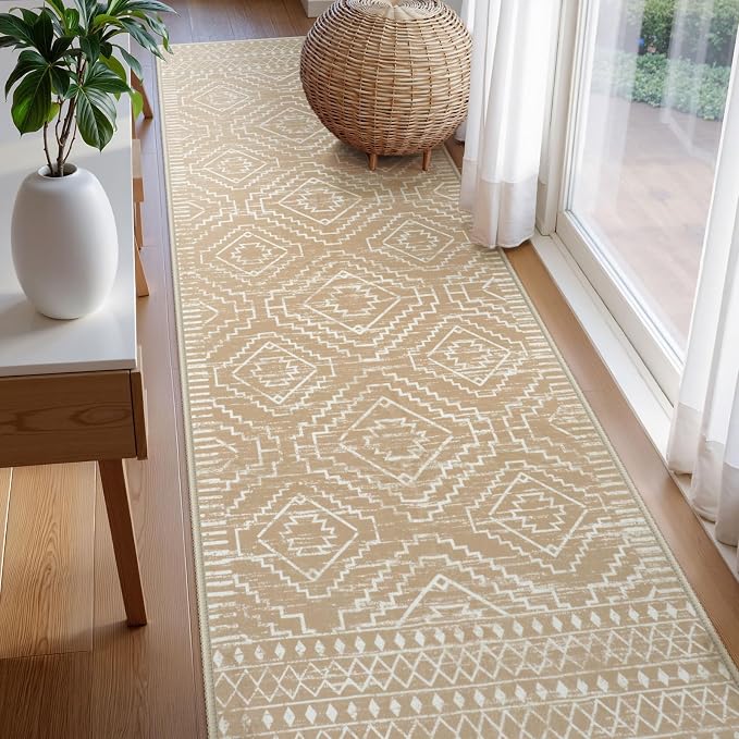 Wonnitar Washable Kitchen Runner Rug 2x6, Moroccan Runners for Hallway, Non Slip Bohemian Soft Bathroom Throw Mat Geometric Carpet Runner for Laundry Entryway Bedroom (Kakhi,2'x6')