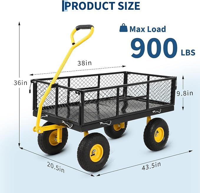 900 Lbs Heavy Duty Steel Garden Cart, Garden Wagon Cart on Wheels, Outdoor Metal Yard Utility Wagon Carts with and Mesh Removable Sides(Convert to Flatbed) and 180°Rotating Handle,Black