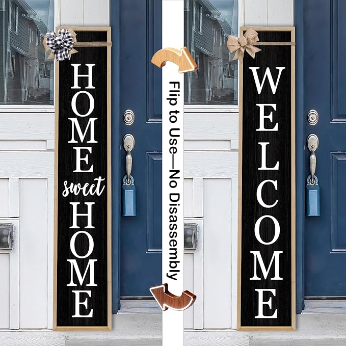 Outdoor 2in1 Welcome Sign for Front Door Home Sweet Home Sign for Farmhouse Tall Outdoor Front Porch Standing 2 Sided 45"X9" Large Vertical Leaner Rustic Outside Decor (Wood Black)