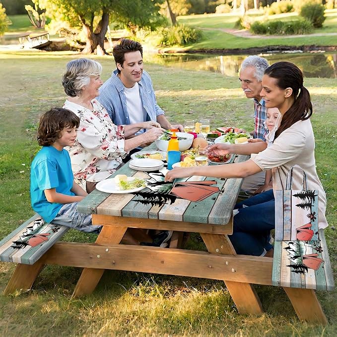 Picnic Table Cover with Bench Covers Elastic Edges Outdoor Camping Essentials 4 Pcs Scenery Waterproof Oil-Proof Tablecloth with Handbag for RV Accessories Farmhouse Camping Rustic Party Decor 72 IN