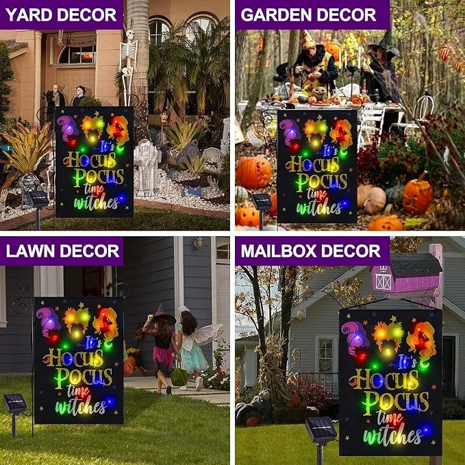 Halloween Lighted Garden Flag, Solar It's Hocus Pocus Witch Yard Flag for Outside, 8 Modes Double Sided Halloween Outdoor Decorations for Home Porch