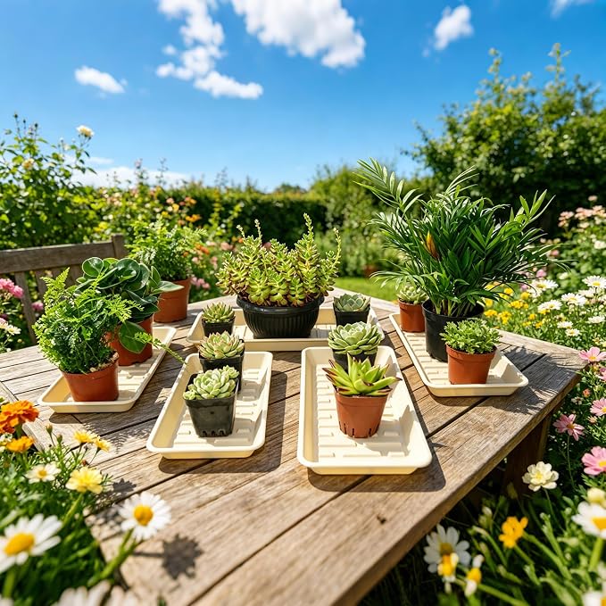 6 Pack Plastic Plant Trays Rectangular 14 Inch, Indoor Outdoor Plant Saucers with Drip Protection, Windowsill Planter Tray, 7 x 14.5 Inches, Beige
