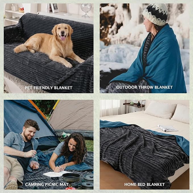 PuTian Waterproof Outdoor Blanket 79"X57" Packable, Stadium & Car Camping Blanket with Corduroy Fleece Lining, Windproof Throw for Picnic Hiking Road Trip, Machine Washable, Blue 350GSM