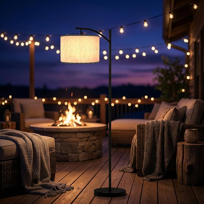 Candieslife Solar Outdoor Floor Lamp for Patio, Cordless Arc Standing Lamp with Heavy Base & Weatherproof Shade, Waterproof Solar Powered Light for Deck, Porch, Garden, Balcony Decor