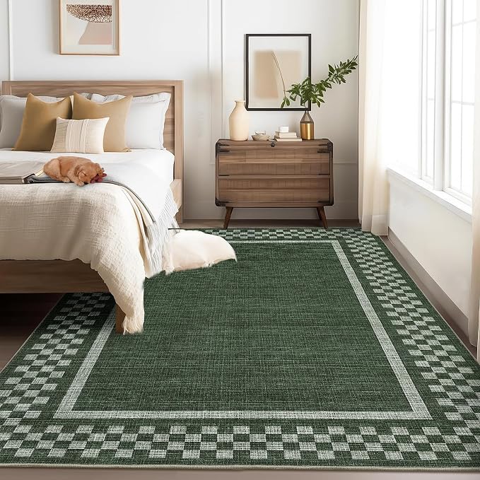 GarveeHome Modern Bordered 8x10 Area Rugs for Living Room Bedroom | Soft Washable Large Bedroom Throw Carpet Non Slip Checkered Geometric Rugs for Dining Room Home Decor Office, Green