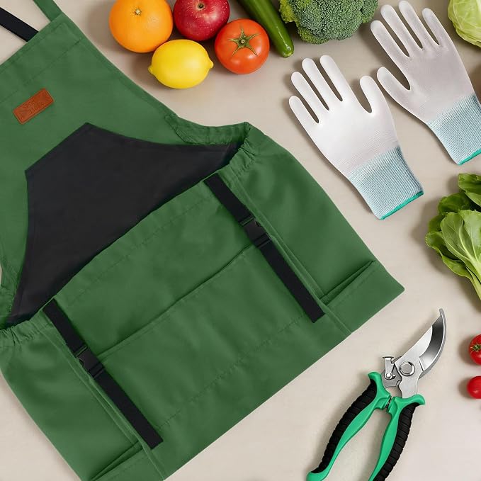 3PCS Gardening Apron, Harvest Apron with Shears and Gloves for Women, Men | Cross-Back, Large Quick Release Pocket, 600D Oxford Fabric, Heavy-Duty Garden Apron for Fruit Picking, Field Work, Harvesting