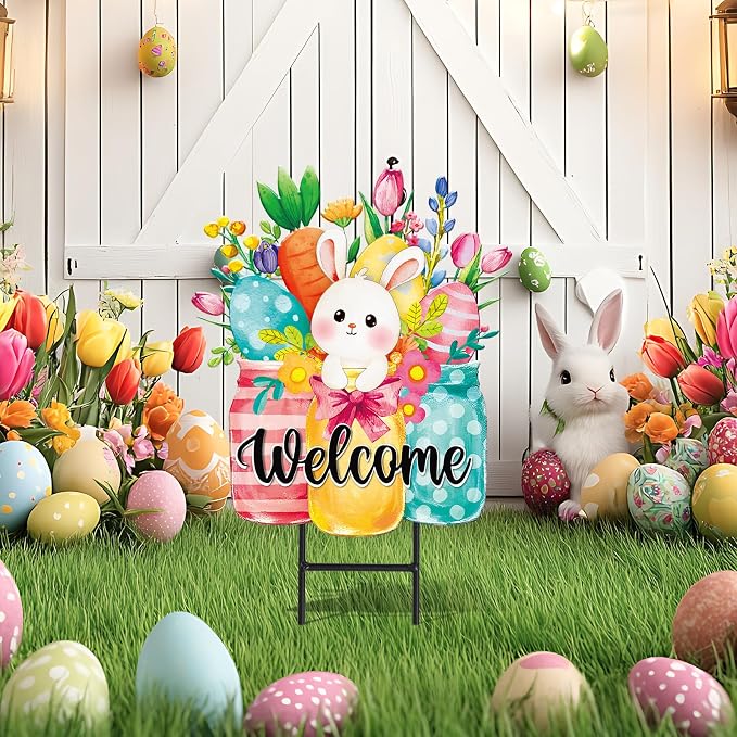JarThenaAMCS Easter Metal Garden Stake Welcome Yard Sign Watercolor Bunny Rabbit Vase Decorative Lawn Sign for Spring Home Outside Lawn Porch Walkway Pathway