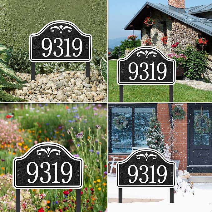 Personalized Lawn Address Plaque Sign with Stakes - House Address Signs for Outside Use for House,Apartment,Office,Yard (Black/Silver)