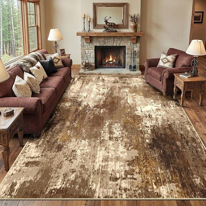RELEANY Washable 5'x7' Abstract Area Rug for Living Room Brown Tan | Carpet for Bedroom, Kitchen, Office, Hallway and Entryway, Printed Pattern, Non‑Slip, Soft, Stain‑Resistant, Easy to Clean