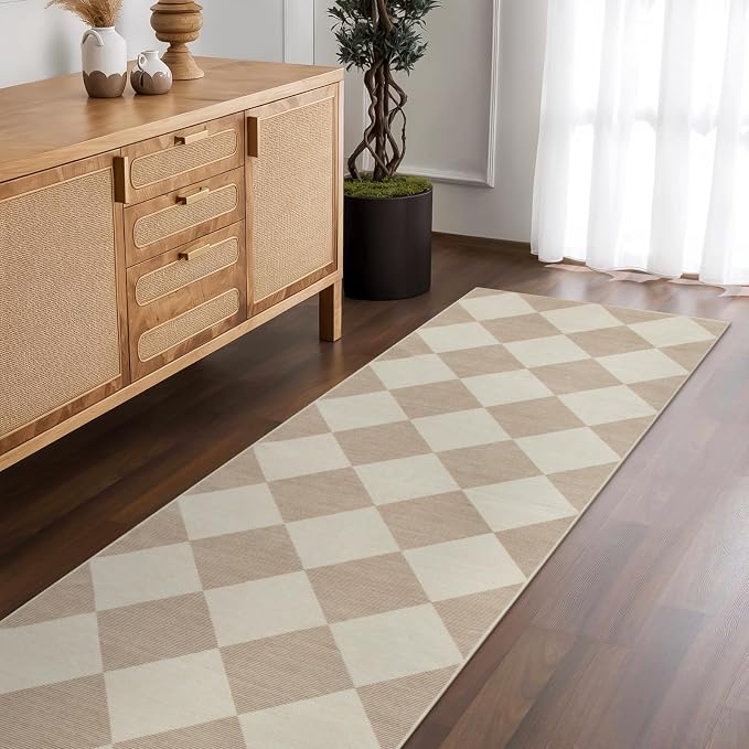Beeiva Checkered Print Rug Runners for Hallways Non Slip 2.5x8, Ultra Thin Beige Kitchen Runner Rugs Non Skid Washable, Classic Neutral Gingham Decor Faux Wool Carpet for Bathroom Bedroom Entryway