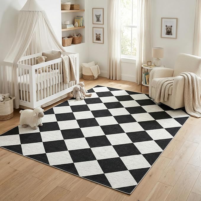 GarveeHome 5x7 Checkered Area Rug Black and White Washable Living Room Rug | Modern Geometric Farmhouse Carpet Soft Low Pile Non Slip Diamond Floor Mat Plaid Print Throw Rug for Dining Room Playroom