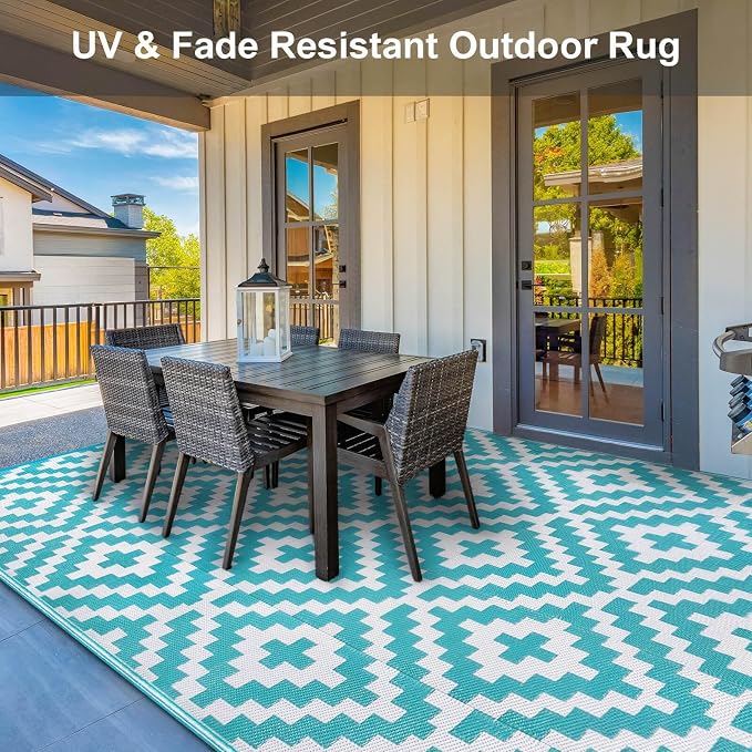 Outdoor Patio Plastic Straw Rug - 8x10 ft Outdoor Camping Rug Waterproof Reversible, Area Carpet Patios RV, Outside Porch Balcony Deck for Camper, Blue & White