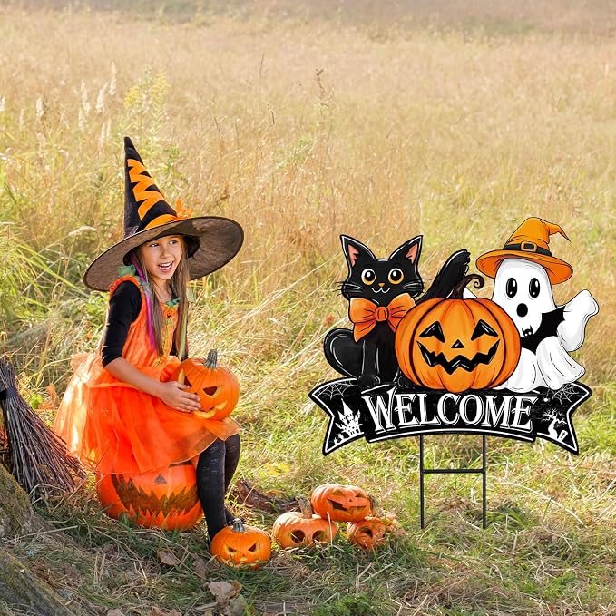 JarThenaAMCS Vintage Halloween Metal Garden Stake Pumpkin Ghost Black Cat Decorative Lawn Sign Welcome Yard Sign for Trick or Treat Party Home Outside Lawn Porch Decor