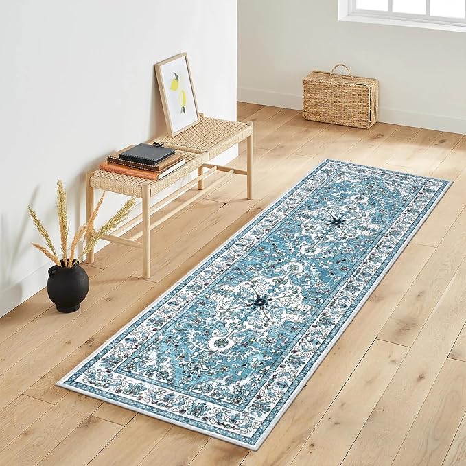 U'Artlines 2' x 6' Boho Hallway Runner Rug, Washable Carpet, Teal | Non Slip, Vintage Farmhouse Accent Area Rug Carpet, for Kitchen Entryway Laundry and Living Room