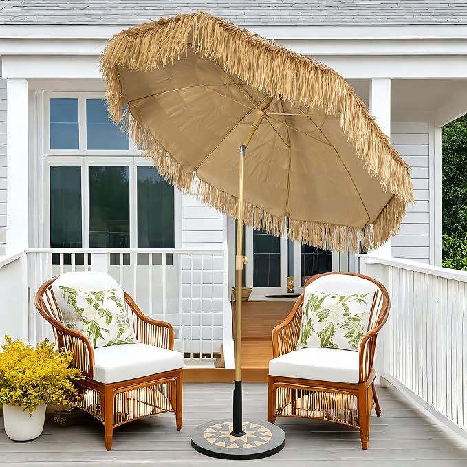 Hula Thatched Tiki Umbrella Tropical Palapa Raffia Tiki Hut Hawaiian Patio Umbrella with Fringe Boho Parasol 6' 8' & 9' Options