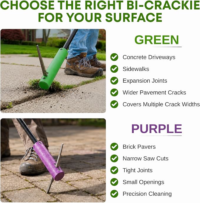 BICRACKIE Stand-Up Crack Weeding Tool with 60" Steel Pole; Steel Blade with 2-Sized, 5" Tapered Ends for Driveways, Patios, Sidewalks, Pavers to Remove Weeds Easily; Made in USA