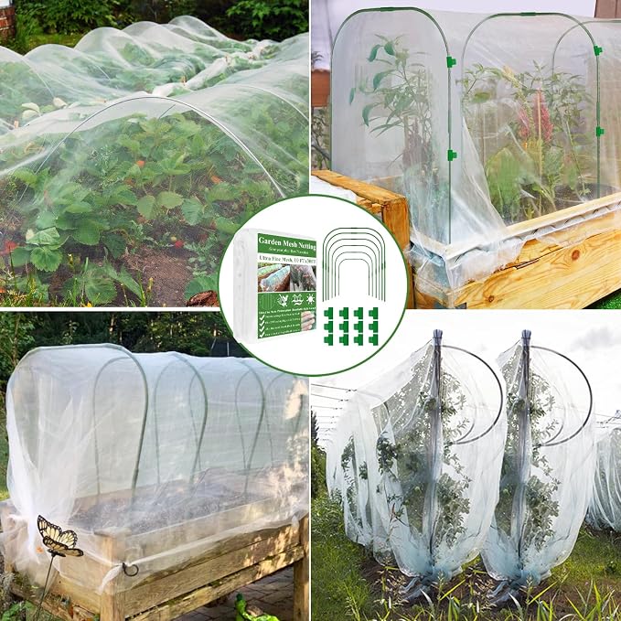 Garden Netting Kit for Raised Beds, 10x30FT Ultra Fine Mesh Netting& 6 Sets Garden Hoops, Garden Bed Row Cover Insect Netting Garden Hoop for Raised Bed Vegetable Plant Flowers Fruit Protection Net