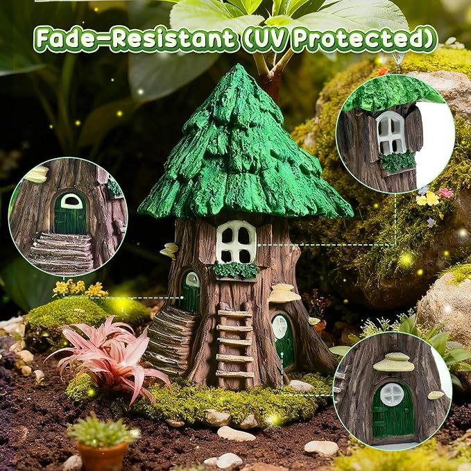 DONABELA Fairy Garden Tree House Miniature Decor Village Figurine Accessories Supplies Outdoor Indoor Tiny Resin Forest Set