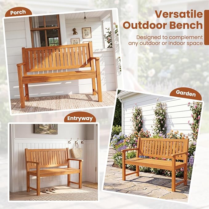 Tangkula 2-Seater Outdoor Wooden Bench, Garden Loveseat Bench with Backrest, Armrests, Slatted Seat, Loads up to 660 LBS, Fir Wood Bench Seating for Porch, Backyard, Deck, Poolside (45.5",Natural)