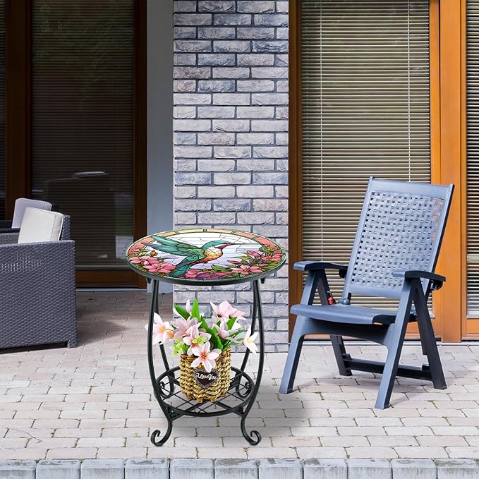 Cinnvoice Outdoor Side Table Round Small Mosaic Patio Accent Indoor End Plant Coffee Tea Table for Yard Patio Porch Garden Living Room, Bedroom(Hummingbird Style,14 Inch)