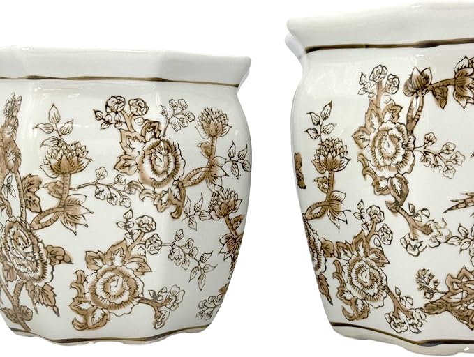 Galt International Brown & White Round Fluted Floral Porcelain Ceramic Plant Flower Planter Pot Set of 3 (7.5", 10", 13") Garden Pots Chinese Asian Design