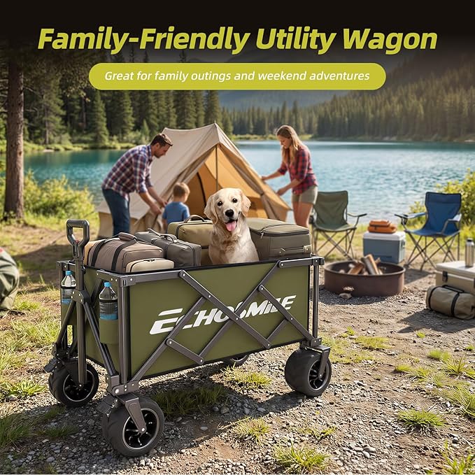 EchoSmile Collapsible Folding Wagon Cart with Compact Storage - 400Lbs Capacity All Terrain Utility Cart for Camping, Beach, Grocery, Garden,Green