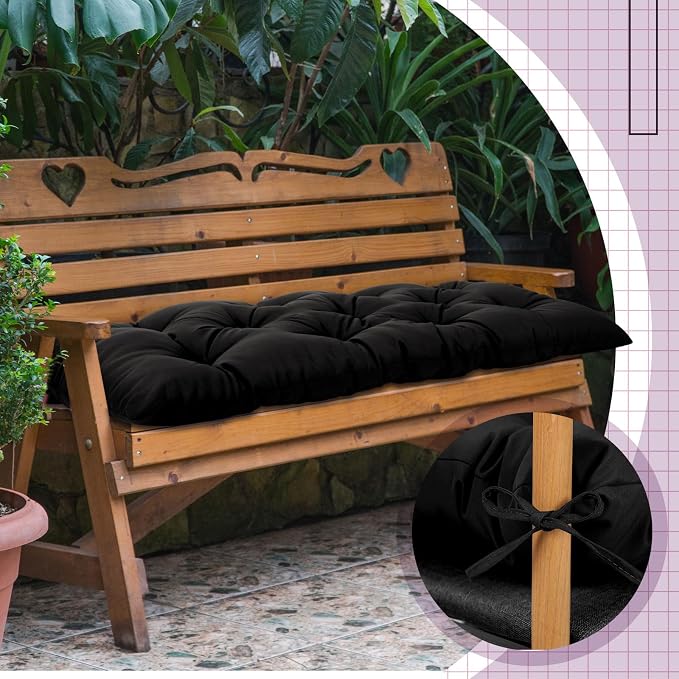 Wenqik Outdoor Bench Cushion 48 x 20 x 3 Inch Waterproof Patio Swing Cushion with Removable Zippered Cover Adjustable Ties Seat Pad for Porch Bench Garden Loveseat (Black,Classic)