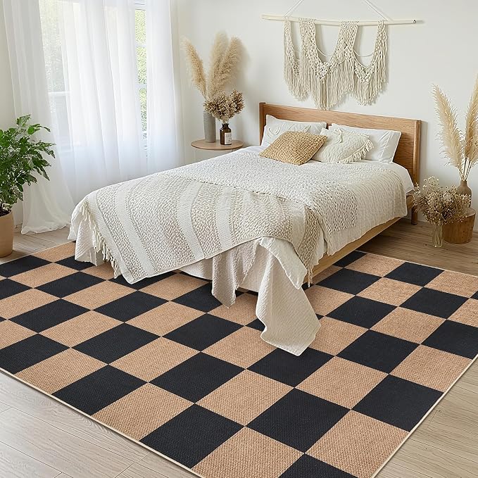 GarveeHome Easy Jute Area Rugs 6x9 for Living Room Non-Slip Backing Checkered Rugs Machine Washable Modern Indoor Outdoor Carpets for Dining Room Nursery Patio Bedroom Backyard Camping Black Tan