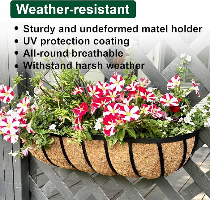 DUNCHATY 24 Inch Railing Planter 2 Pack - Adjustable Metal Window Box Planter with Coco Liner for Deck Balcony Porch Fence - Outdoor Hanging Flower Basket for Herbs & Flowers