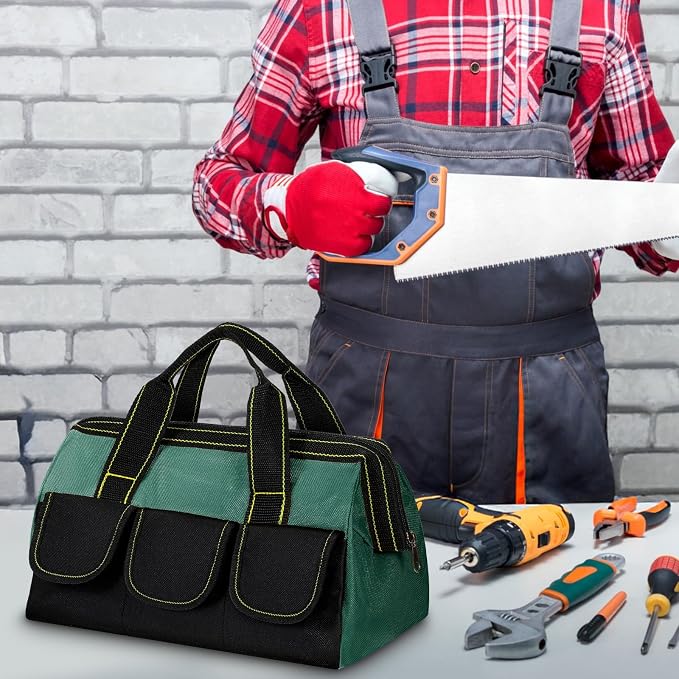 4 Pcs Tool Bag for Men Women Heavy Duty Tool Tote with Waterproof Hard Bottom Multi Pockets Large Mouth Organizer for Various Worker Electrician Carpenter Mechanic(13 Inch,Blue Red Yellow)