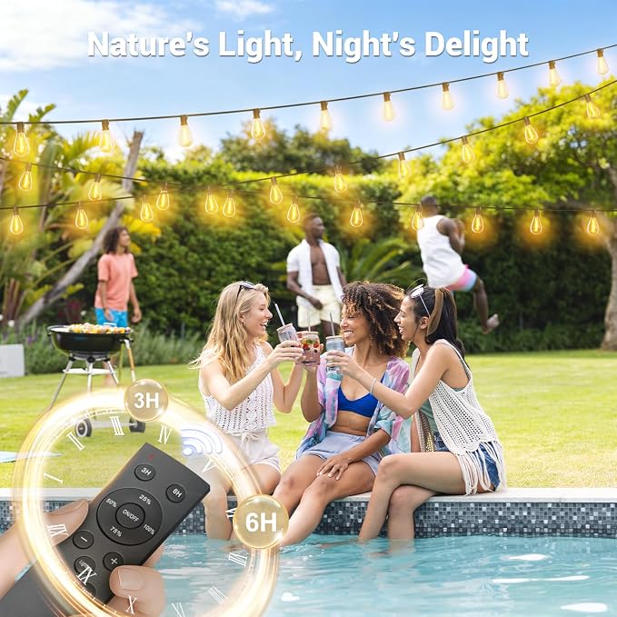 50FT Solar String Lights Outdoor Waterproof, 18+1 LED Solar Powered Lights with Remote Control, 3 Light Modes & Dimmable, USB-C Charging for Patio, Backyard, Garden, Camping